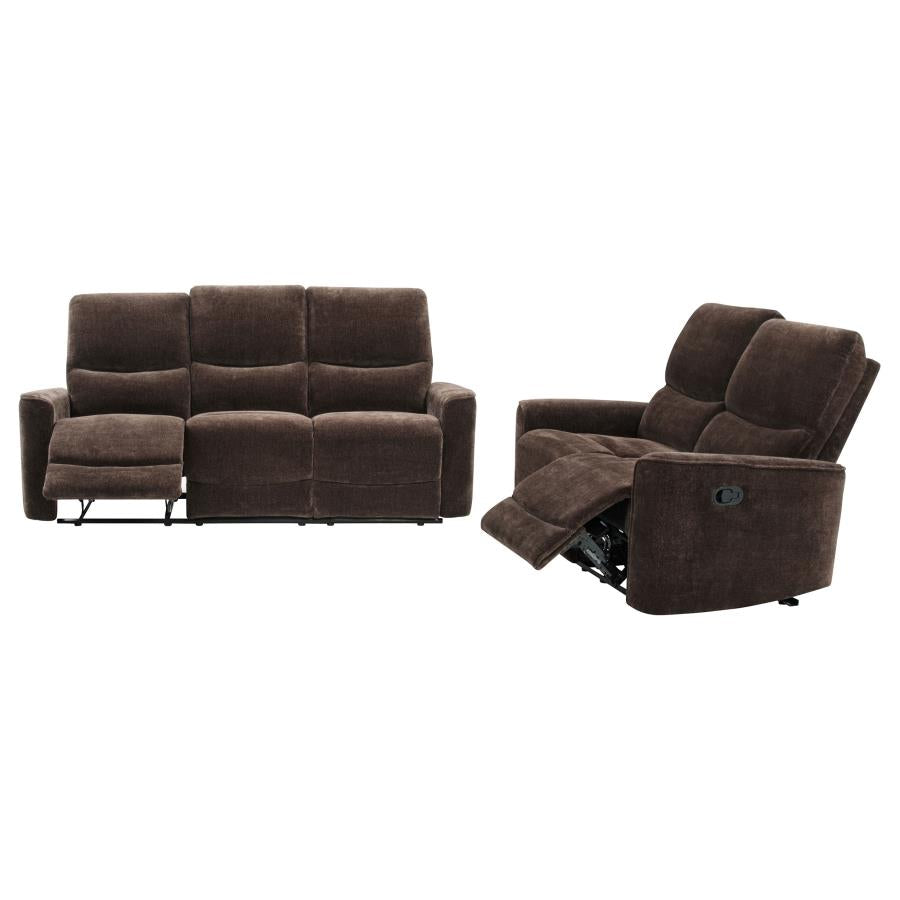 Coaster 609571-S2 2 pc Navarro dark brown chenille fabric sofa and love seat set recliner ends