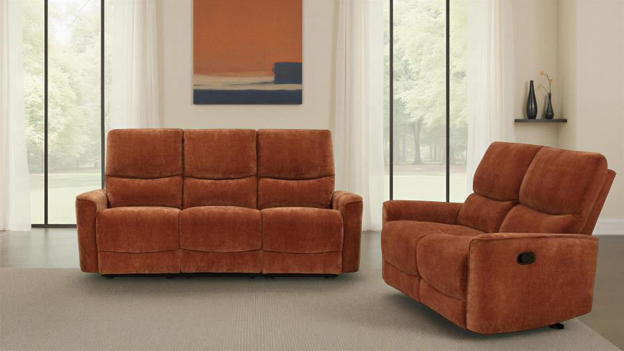 Coaster 609574-S2 2 pc Navarro burnt orange chenille fabric sofa and love seat set recliner ends