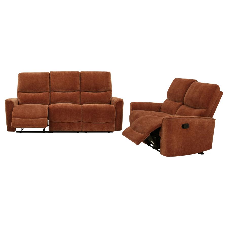 Coaster 609574-S2 2 pc Navarro burnt orange chenille fabric sofa and love seat set recliner ends