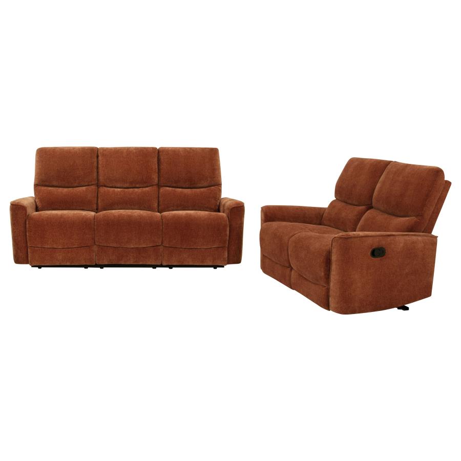Coaster 609574-S2 2 pc Navarro burnt orange chenille fabric sofa and love seat set recliner ends