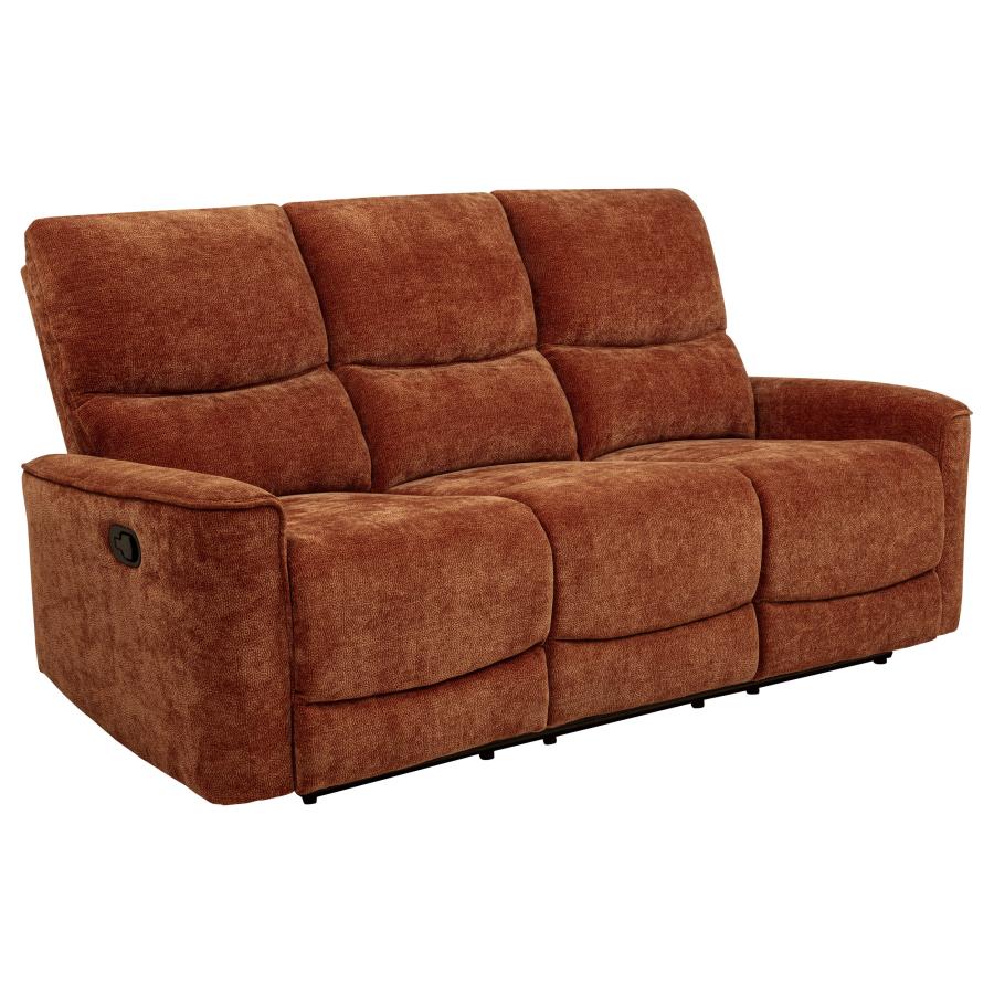 Coaster 609574-S2 2 pc Navarro burnt orange chenille fabric sofa and love seat set recliner ends