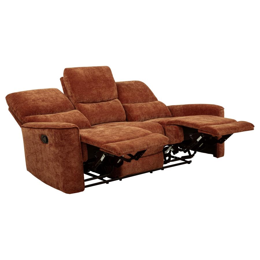 Coaster 609574-S2 2 pc Navarro burnt orange chenille fabric sofa and love seat set recliner ends