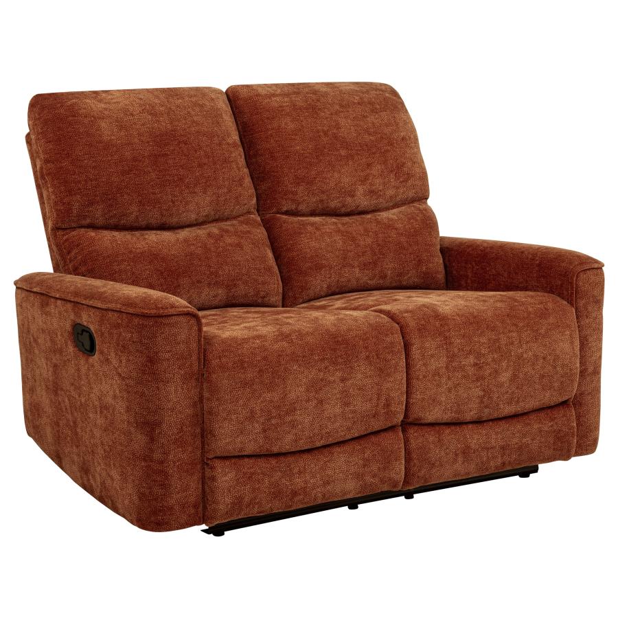 Coaster 609574-S2 2 pc Navarro burnt orange chenille fabric sofa and love seat set recliner ends