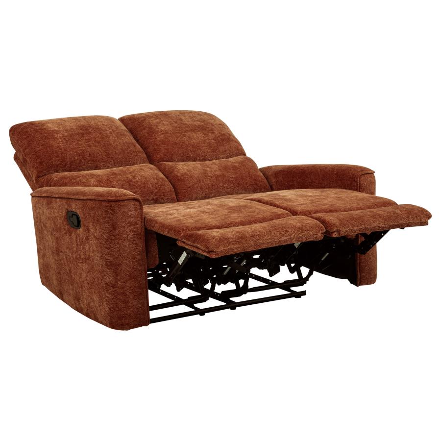 Coaster 609574-S2 2 pc Navarro burnt orange chenille fabric sofa and love seat set recliner ends