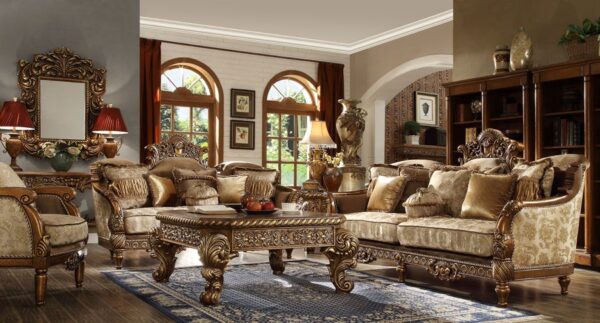 HD-610-3PC Antique gold finish wood and multi tone fabric upholstery ornate accents Sofa , love and chair living room set lark manor