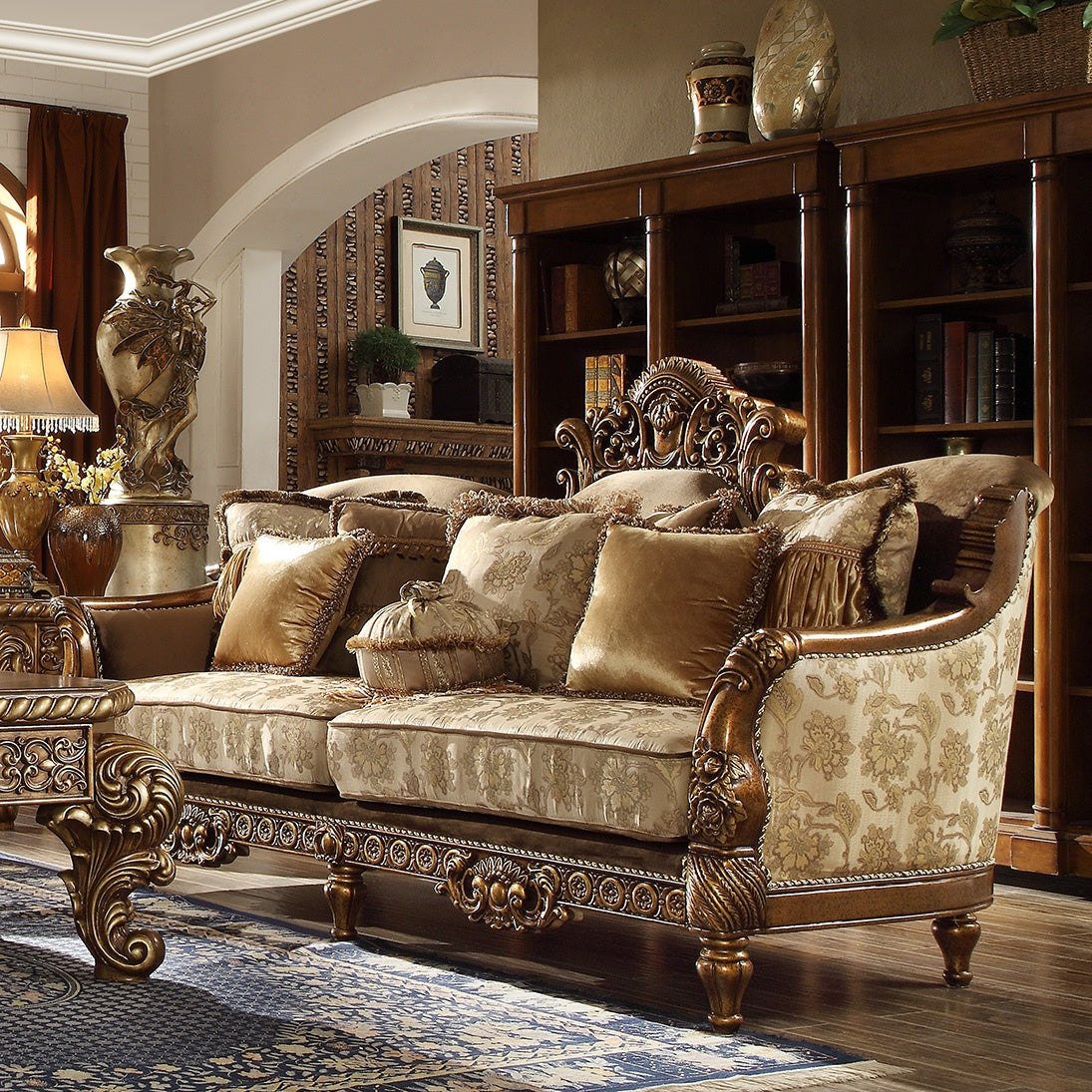 HD-610-3PC Antique gold finish wood and multi tone fabric upholstery ornate accents Sofa , love and chair living room set lark manor