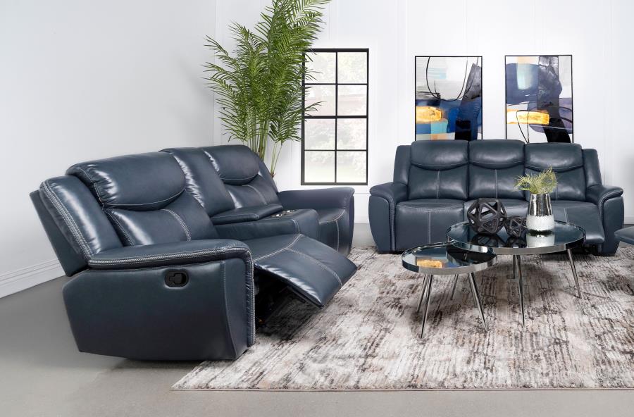 Coaster 610271-S2 2 pc Sloane blue faux leather manual motion sofa and love seat set recliner ends
