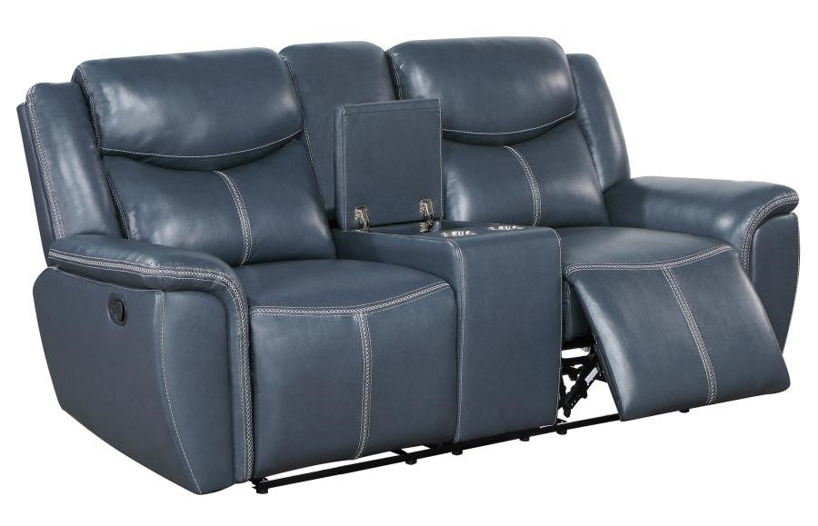 Coaster 610271-S2 2 pc Sloane blue faux leather manual motion sofa and love seat set recliner ends