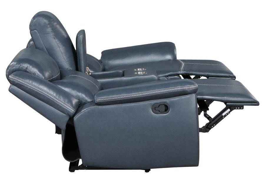 Coaster 610271-S2 2 pc Sloane blue faux leather manual motion sofa and love seat set recliner ends
