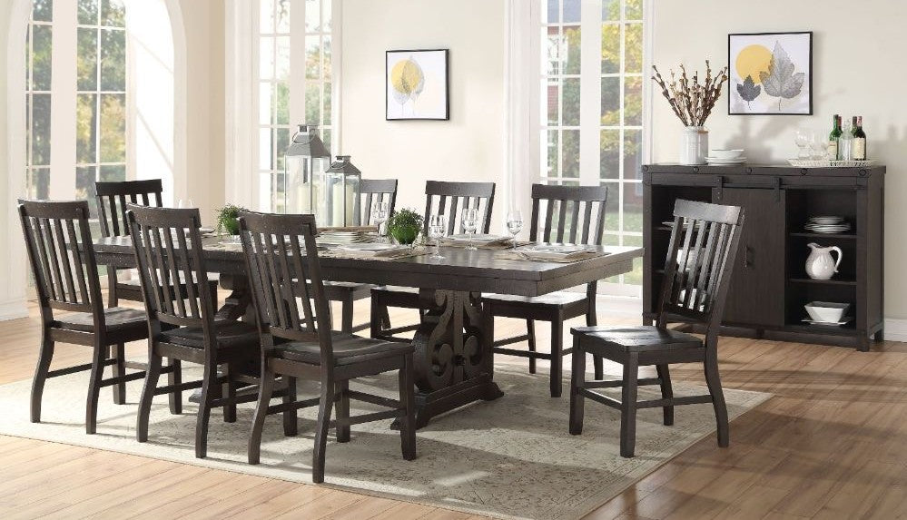 Acme 61030-32 7 pc Darby home co kinsman Maisha rustic walnut finish wood trestle base dining table set