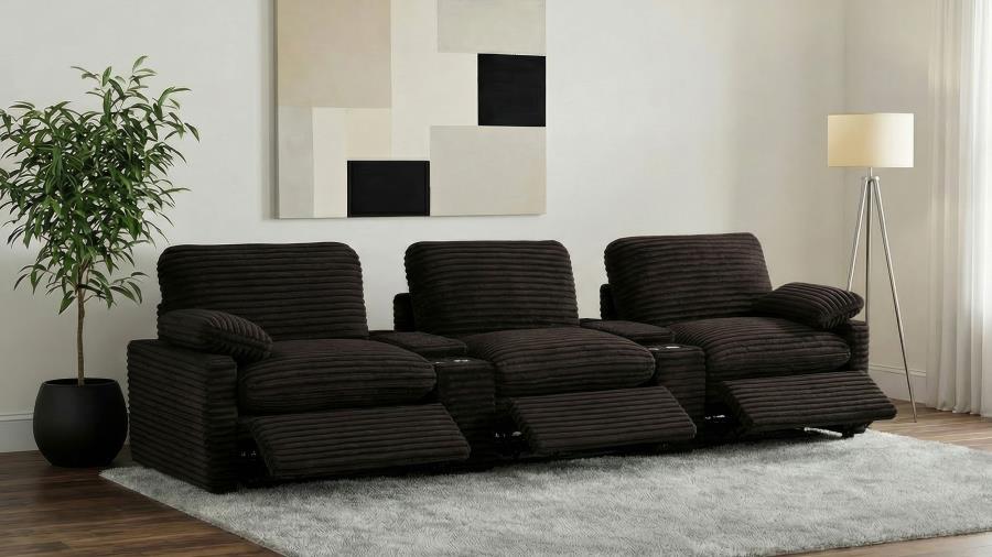 Coaster Collins Chocolate Brown Corduroy Fabric 5-Piece Power Home Theater Seating with Console Centers – 610351PT