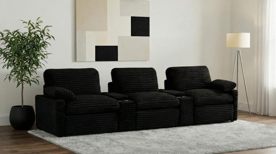 Coaster Collins Black Corduroy Fabric 5-Piece Power Home Theater Seating with Console Centers – 610361PT