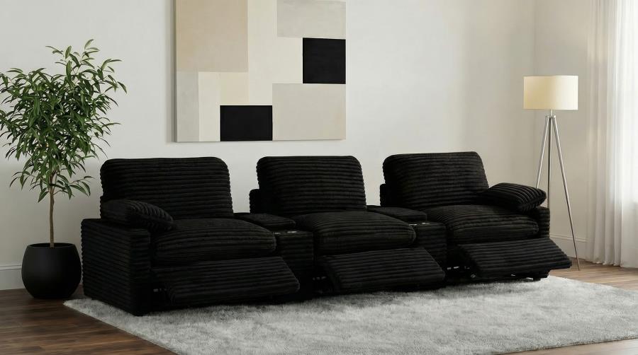 Coaster Collins Black Corduroy Fabric 5-Piece Power Home Theater Seating with Console Centers – 610361PT