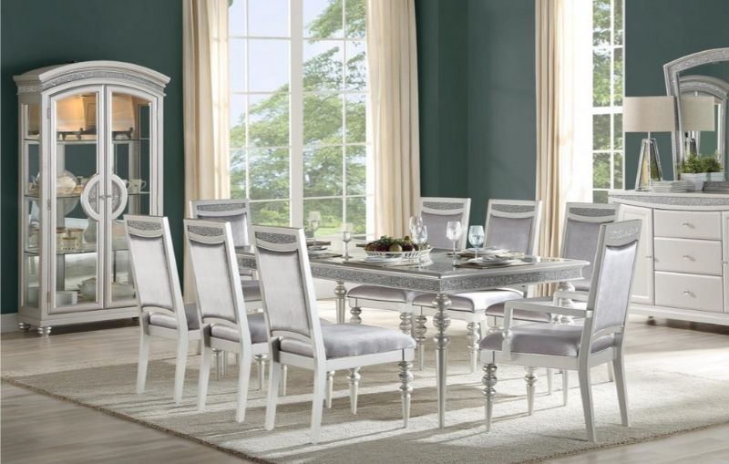 Acme 61800-02-03 7 pc Maverick platinum finish wood rhinestone inlay 88" long dining table set