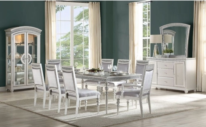 Acme 61800-02-03 7 pc Maverick platinum finish wood rhinestone inlay 88" long dining table set