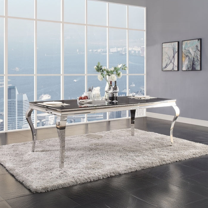 Acme 62070-72 7 pc Fabiola chrome metal and black glass top dining table set