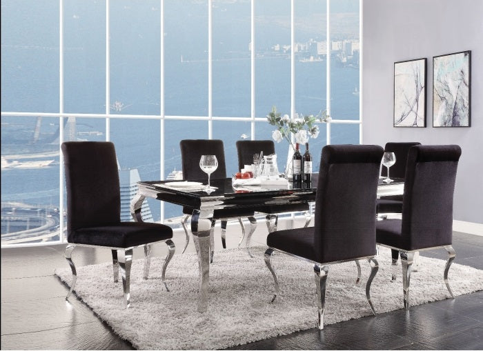 Acme 62070-72 7 pc Fabiola chrome metal and black glass top dining table set