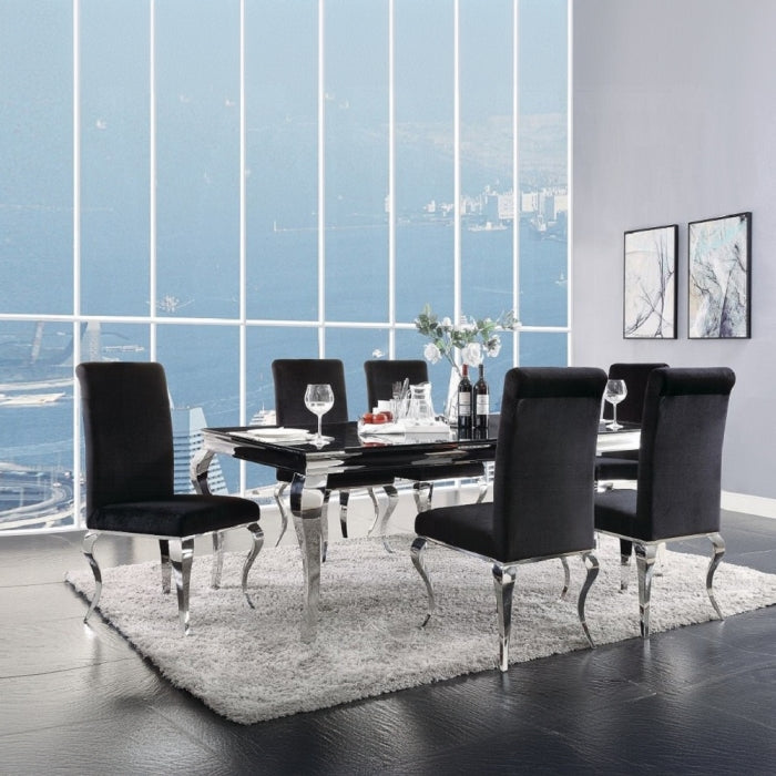 Acme 62070-72 7 pc Fabiola chrome metal and black glass top dining table set