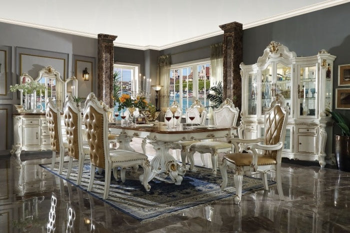 Acme 63460-62-63 7 pc Astoria grand penaflor picardy butterscotch faux leather and antique pearl finish wood dining table set