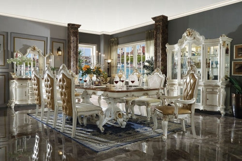 Acme 63460-62-63 7 pc Astoria grand penaflor picardy butterscotch faux leather and antique pearl finish wood dining table set