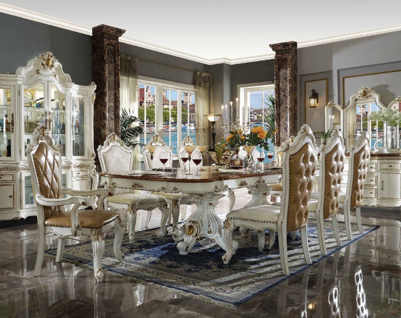 Acme 63460-62-63 7 pc Astoria grand penaflor picardy butterscotch faux leather and antique pearl finish wood dining table set