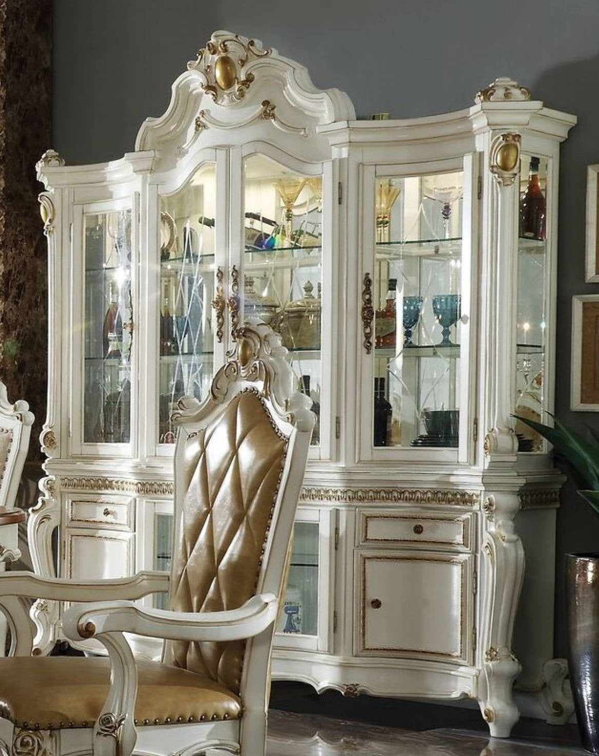 Acme 63460-62-63 7 pc Astoria grand penaflor picardy butterscotch faux leather and antique pearl finish wood dining table set