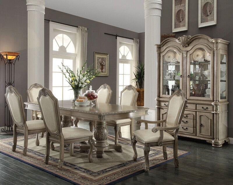 Acme 64065A-67-68 7 pc Astora grand chateau de ville antique white finish wood double pedestal dining table set