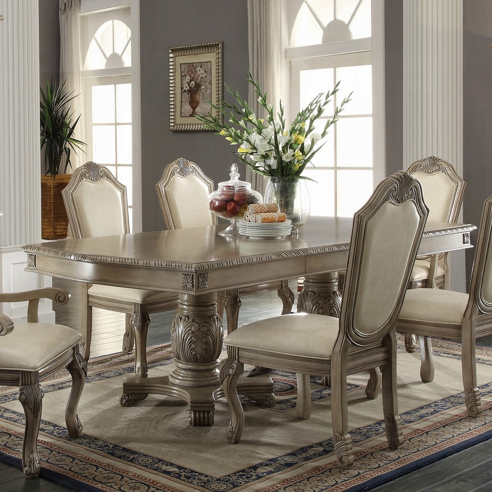 Acme 64065A-67-68 7 pc Astora grand chateau de ville antique white finish wood double pedestal dining table set