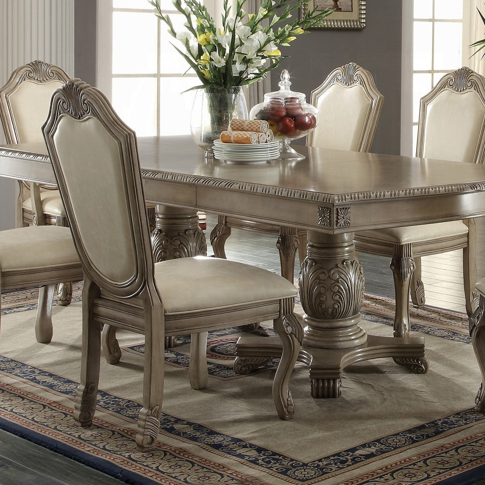 Acme 64065A-67-68 7 pc Astora grand chateau de ville antique white finish wood double pedestal dining table set