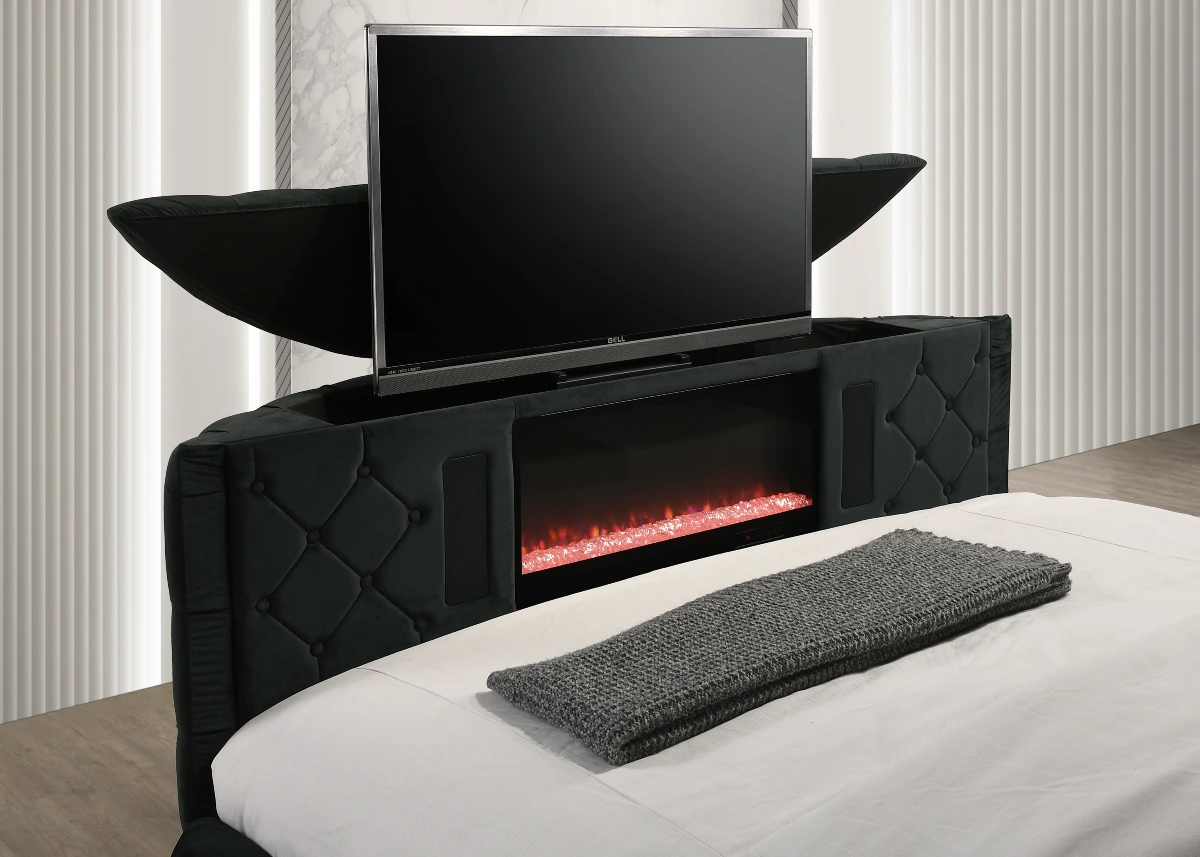 Crown Mark 5212BK Voltare black velvet fabric tufted round queen storage bed with TV lift and built in LED Fireplace