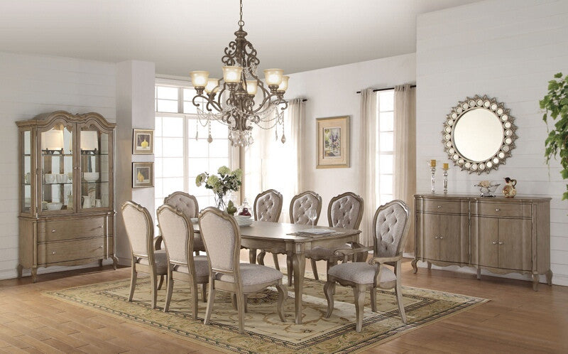 Acme 66050-52-53 7 pc Astoria grand chelmsford antique taupe finish wood beige fabric dining table set