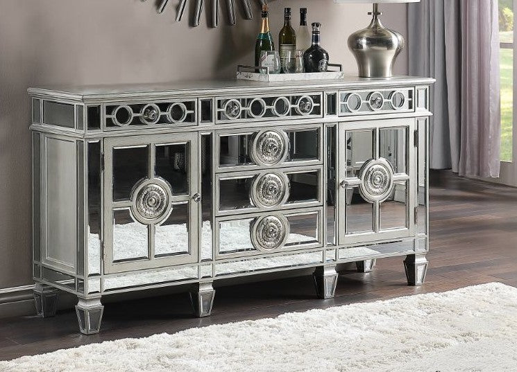 Acme 66164 Rosdorf park varian antique platinum finish wood mirror accents 68" server sideboard