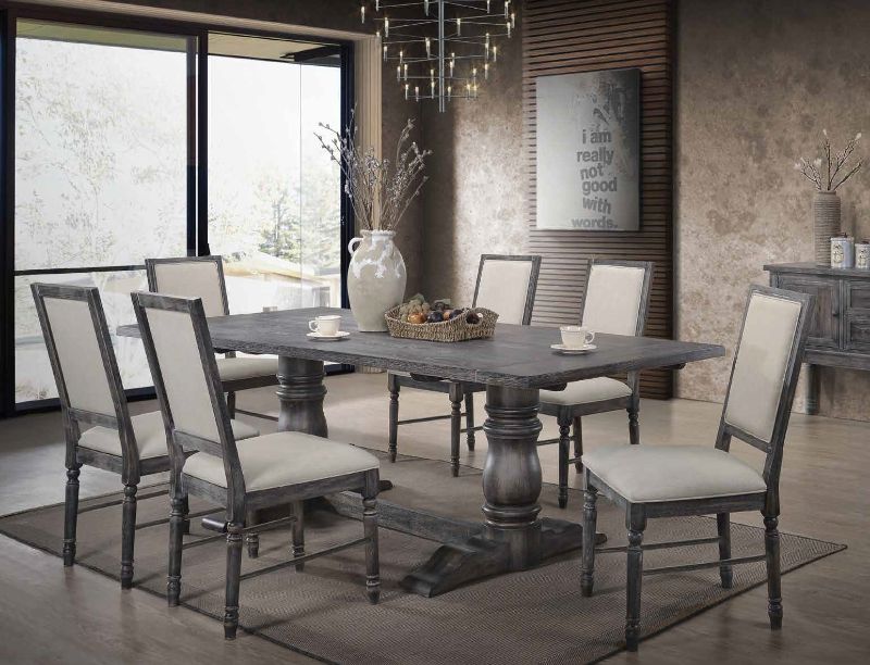 Acme 66180-82 7 pc Ophelia & Co. ashly leventis weathered gray finish wood double pedestal dining table set