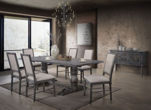 Acme 66180-82 7 pc Ophelia & Co. ashly leventis weathered gray finish wood double pedestal dining table set