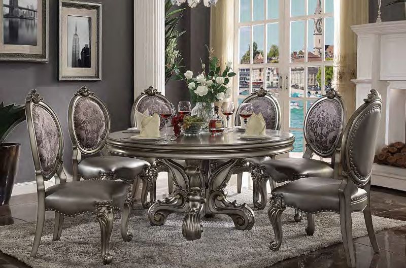 Acme 66840-22 7 pc Rosdorf park barnathan versailles antique platinum finish wood 60" round dining table set