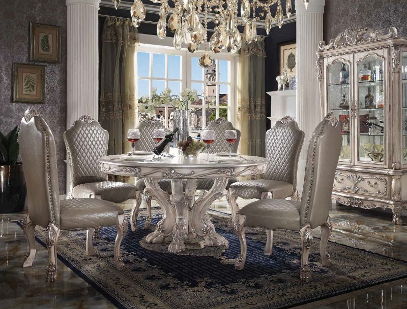 Acme 68180-72 7 pc Astoria grand penaflor dresden vintage bone finish wood 60" round dining table set