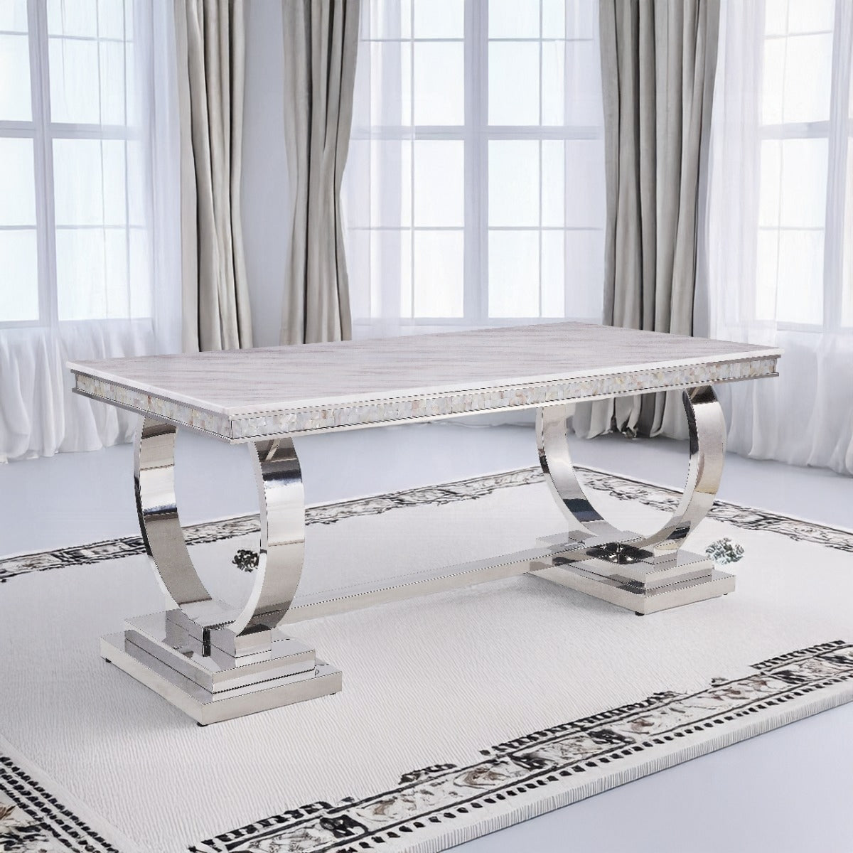 Acme 68250-64 7 pc Zander modern glam chrome metal and white faux marble top dining table set