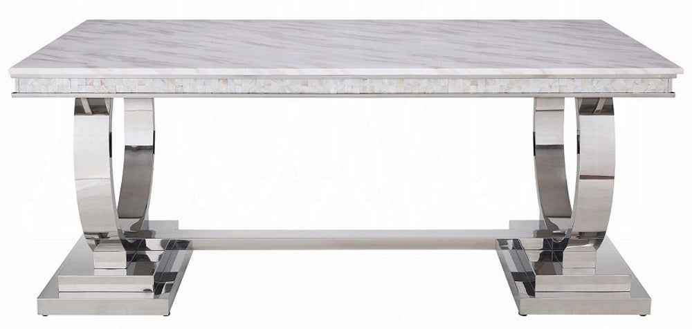 Acme 68250-64 7 pc Zander modern glam chrome metal and white faux marble top dining table set