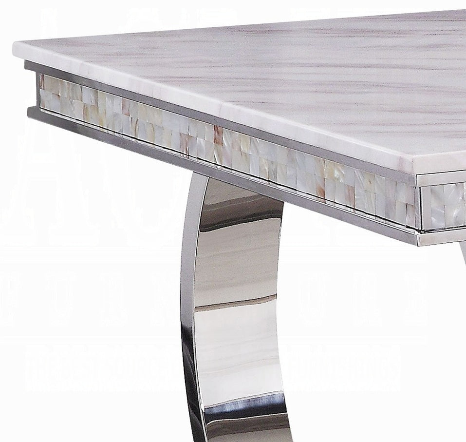 Acme 68250-64 7 pc Zander modern glam chrome metal and white faux marble top dining table set