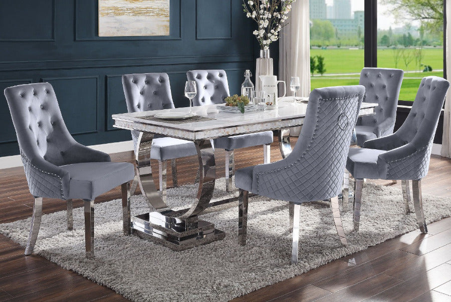 Acme 68250-64 7 pc Zander modern glam chrome metal and white faux marble top dining table set