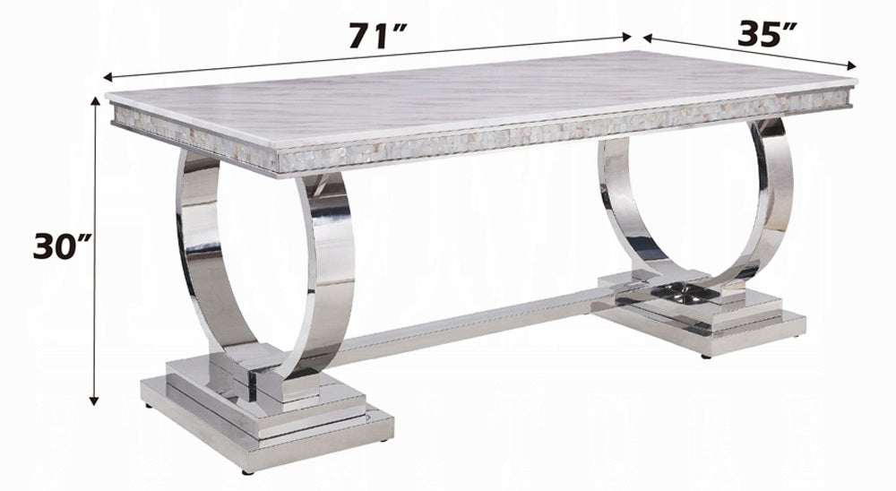 Acme 68250-64 7 pc Zander modern glam chrome metal and white faux marble top dining table set