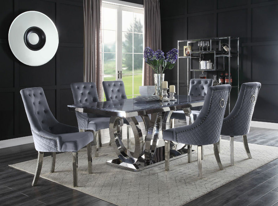 Acme 68255-64 7 pc Nasir modern glam chrome metal and grey faux marble top dining table set