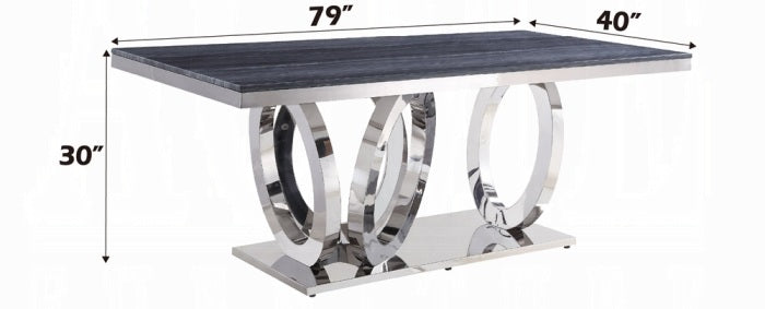 Acme 68255-64 7 pc Nasir modern glam chrome metal and grey faux marble top dining table set