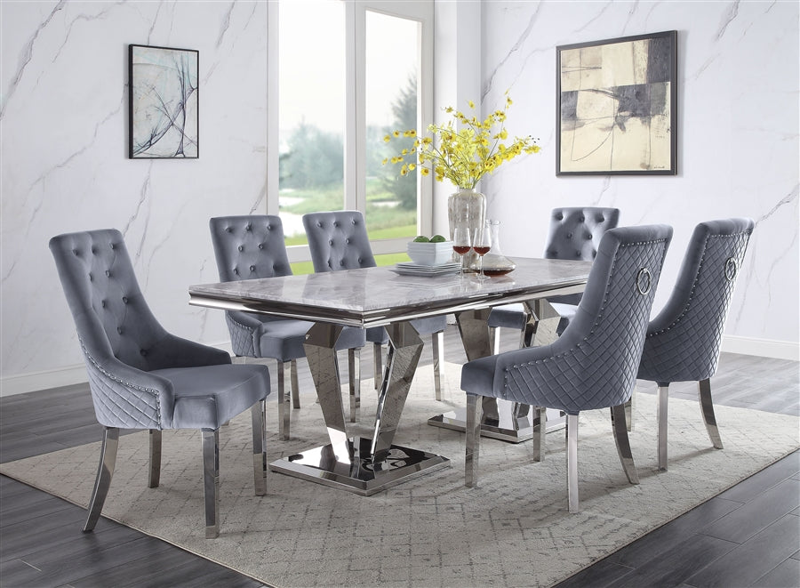 Acme 68265-64 7 pc Satinka modern glam chrome metal and white faux marble top dining table set