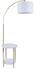 SH Lighting 6953WM-SG Gold metallic finish metal frame white faux marble table top side table with built in Lamp and USB and Power plugs