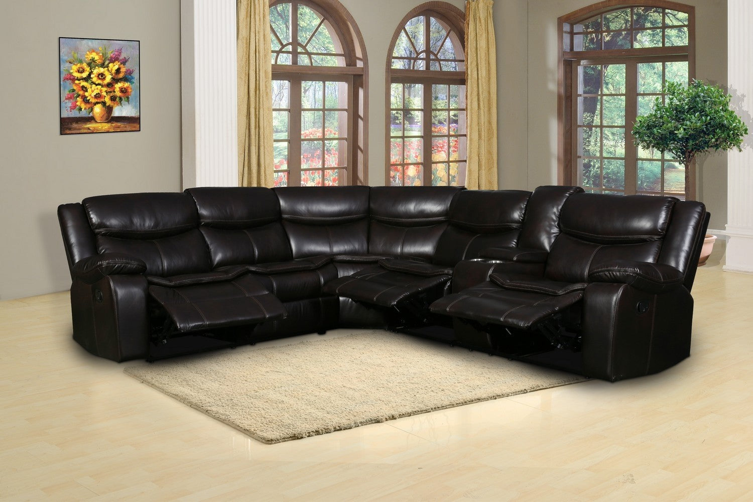 Global United 6967BR-3PC 3 pc Red barrel studio quincy brown leather aire reclining sectional sofa set