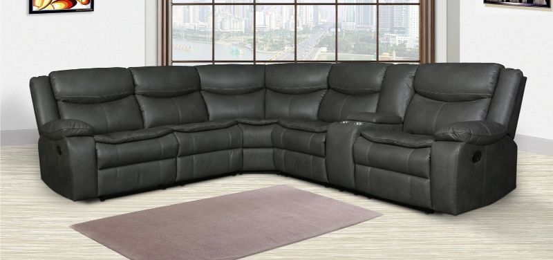 Global United 6967GY-3PC 3 pc Red barrel studio quincy grey leather aire reclining sectional sofa set