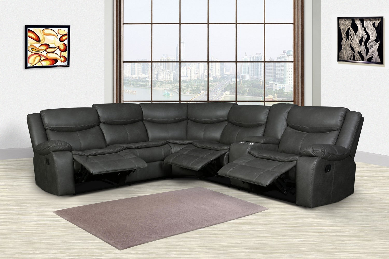 Global United 6967GY-3PC 3 pc Red barrel studio quincy grey leather aire reclining sectional sofa set