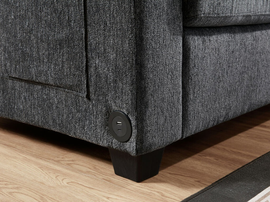 89306 3 pc Trey grey chenille fabric 115" sectional sofa set with adjustable headrests USB charging and storage ottoman