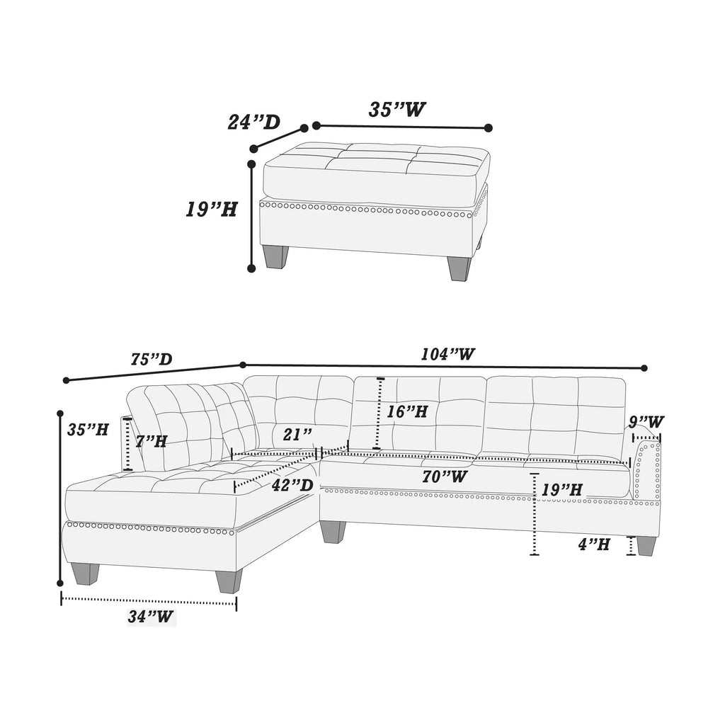 Poundex F6505 3 pc blue poly fiber fabric sectional sofa reversible chaise and ottoman nail head trim